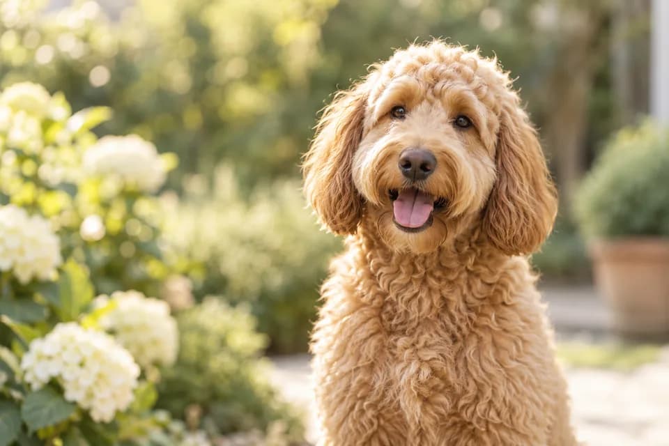 A freshly groomed golden doodle in a sunlit garden