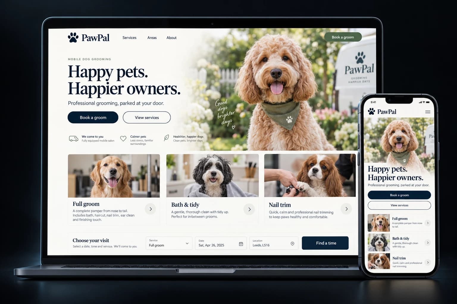 PawPal site design on a laptop and phone, with dog photography, grooming services, and booking controls