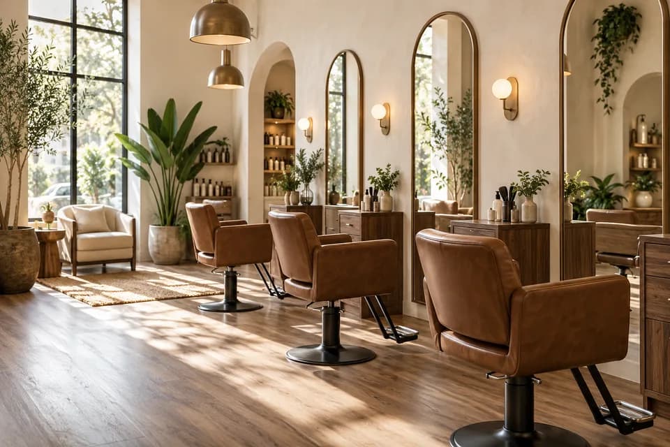 A warm boutique salon with arched mirrors, leather chairs, and plants